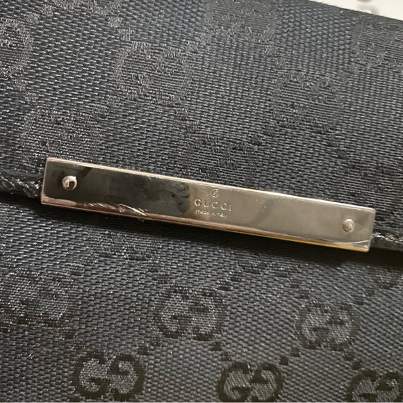 GUCCI Logo Metal Bar Plate Canvas Leather Wallet Monogram Black Envelope - Picture 9 of 9